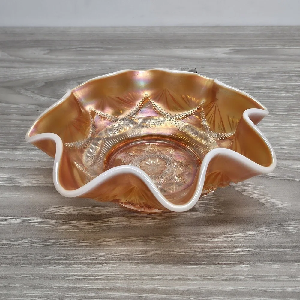 Dugan Ski Star Style‎ Ruffled Bowl - Peach Opal Carnival Glass 6